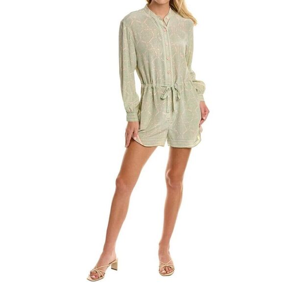Joie 8902OP00925 Women's Sz M Green/Peach Long Sleeve Silk Romper - Picture 13 of 14